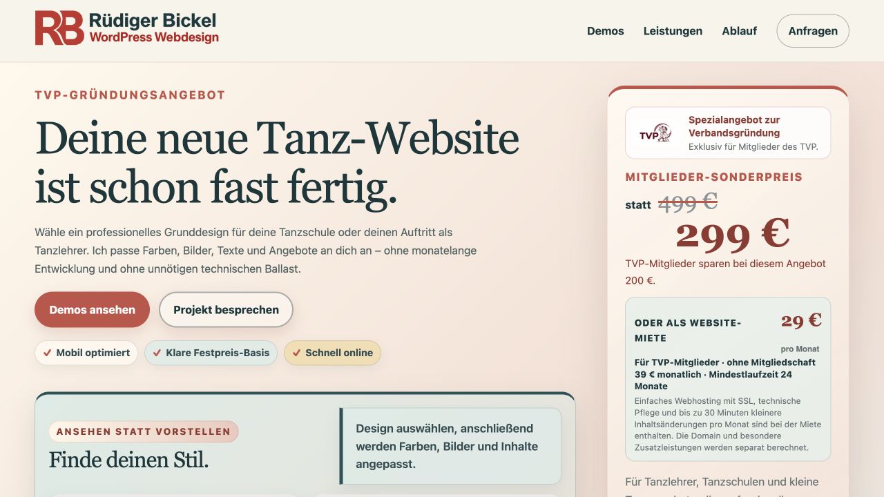 Angebotsseite für Webdesign für Tanzschulen